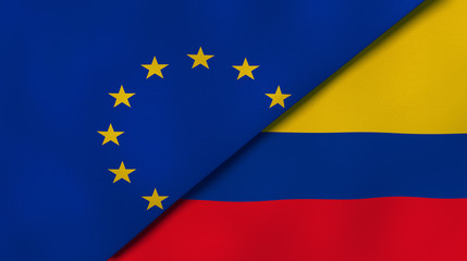 The flags of European Union and Colombia. News, reportage, business background. 3d illustration
