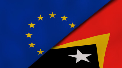 The flags of European Union and East Timor. News, reportage, business background. 3d illustration