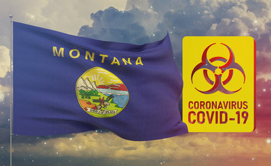 COVID-19 Visual concept - Coronavirus COVID-19 biohazard sign with flags of the states of USA. State of Montana flag. Pandemic stop Novel Coronavirus outbreak covid-19 3D illustration.