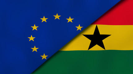 The flags of European Union and Ghana. News, reportage, business background. 3d illustration