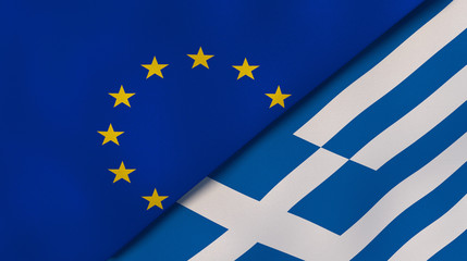 The flags of European Union and Greece. News, reportage, business background. 3d illustration