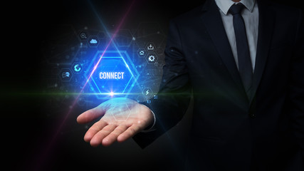 Man hand holding CONNECT inscription, social media concept
