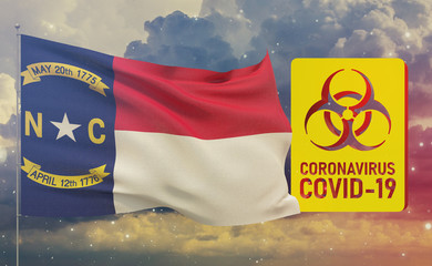 COVID-19 Visual concept - Coronavirus COVID-19 biohazard sign with flags of the states of USA. State of North Carolina flag. Pandemic stop Novel Coronavirus outbreak covid-19 3D illustration.