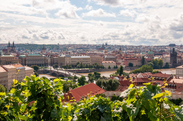 Prague with its beautiful and ancient buildings, the Vltava River and the bridge over the river.