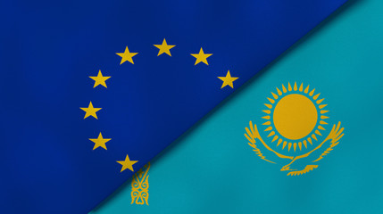 The flags of European Union and Kazakhstan. News, reportage, business background. 3d illustration