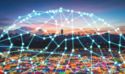 Wireless network technology and Connection concept, Network on city background
