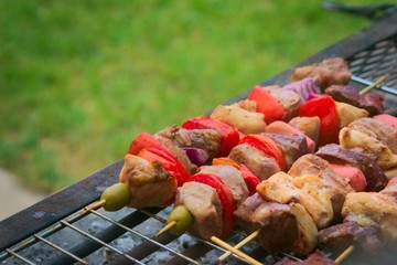 Pieces of meat and vegetable skewers on the grill at a typical argentinian barbecue.