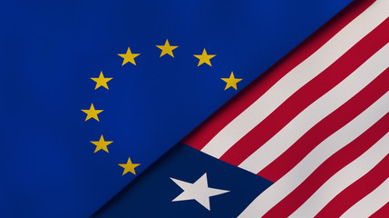 The flags of European Union and Liberia. News, reportage, business background. 3d illustration