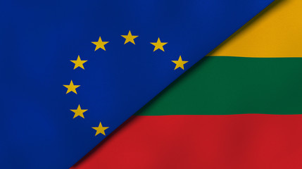 The flags of European Union and Lithuania. News, reportage, business background. 3d illustration