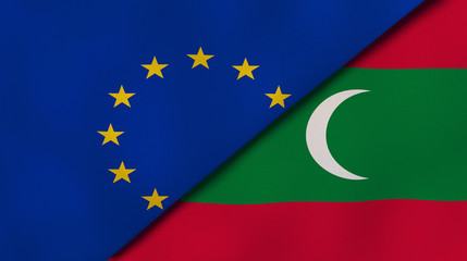 The flags of European Union and Maldives. News, reportage, business background. 3d illustration