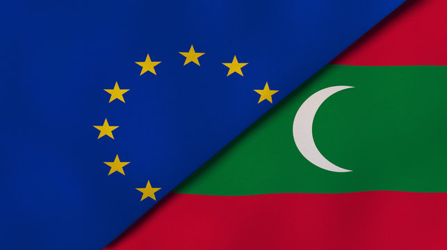 The flags of European Union and Maldives. News, reportage, business background. 3d illustration