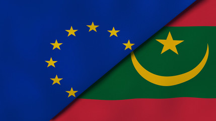 The flags of European Union and Mauritania. News, reportage, business background. 3d illustration