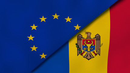 The flags of European Union and Moldova. News, reportage, business background. 3d illustration