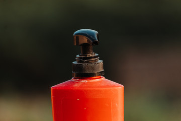 Closeup shot of hand sanitizer bottle during the corona virus pandemic