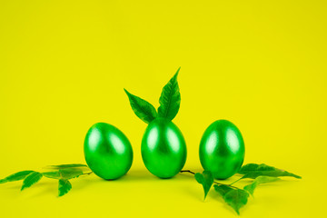 Easter green eggs, funny egg with leaf ears, Easter bunny concept, Easter holiday theme and green week