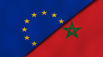 The flags of European Union and Morocco. News, reportage, business background. 3d illustration