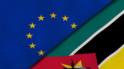 The flags of European Union and Mozambique. News, reportage, business background. 3d illustration
