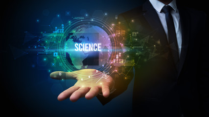 Elegant hand holding SCIENCE inscription, digital technology concept