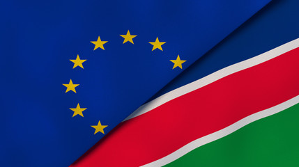 The flags of European Union and Namibia. News, reportage, business background. 3d illustration