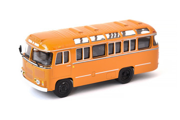 Scale model of a yellow Russian bus. Toy yellow bus