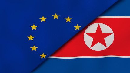 The flags of European Union and North Korea. News, reportage, business background. 3d illustration