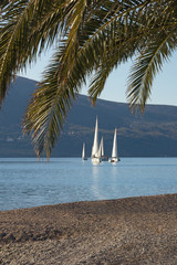 Beautiful winter Mediterranean landscape with sailing boats on water. Montenegro. View of Bay of Kotor near Tivat city