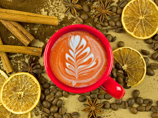 cup of coffee with a pattern on milk foam, spicy seasonings, a beautiful drink, coffee mood