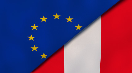 The flags of European Union and Peru. News, reportage, business background. 3d illustration