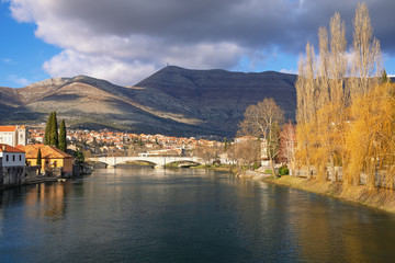 Fototapeta na wymiar Beautiful panoramic view of Trebisnjica river and Trebinje city. Bosnia and Herzegovina, Republika Srpska