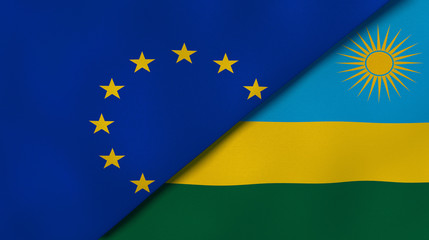 The flags of European Union and Rwanda. News, reportage, business background. 3d illustration
