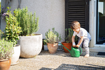 Little toddler boy watering flowers on patio terrace outdoors at spring. Home leisure activity at...