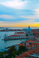 Santa Maria della Salute in Venice. Cityscape Venice Italy. Top view of old town Venice at sunset. Poster, postcard.