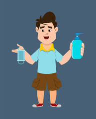 cute boy holding and showing sanitizer gel bottle and face mask. Cute kid flat style character for design, motion or design.