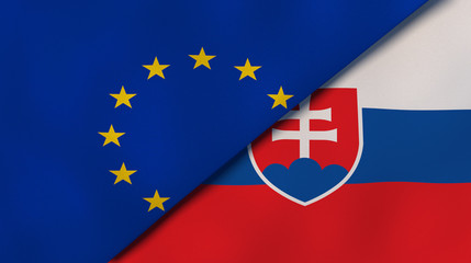 The flags of European Union and Slovakia. News, reportage, business background. 3d illustration