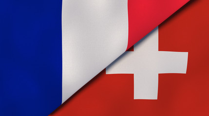 The flags of France and Switzerland. News, reportage, business background. 3d illustration