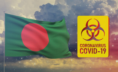 COVID-19 Visual concept - Coronavirus COVID-19 biohazard sign with flag of Bangladesh. Pandemic 3D illustration.
