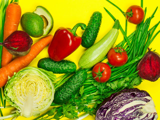 bright background with a set of fresh vegetables, the concept of a healthy diet, organic products, farming and harvest, place for text, top view