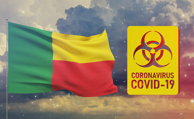 COVID-19 Visual concept - Coronavirus COVID-19 biohazard sign with flag of Benin. Pandemic 3D illustration.