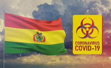 COVID-19 Visual concept - Coronavirus COVID-19 biohazard sign with flag of Bolivia. Pandemic 3D illustration.