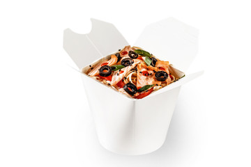 Savory wok noodle with seafood thin sliced of salmon. Black sesame seeds, olives and red bell pepper. White plain background food photography. Food container delivery takeaway space for text branding.