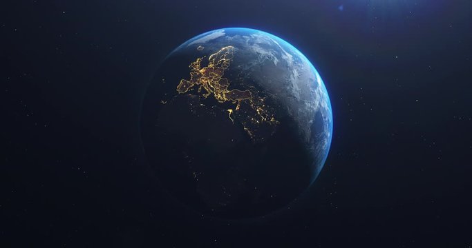 Planet Earth from Space EU European Countries highlighted, state borders and counties animation, city lights, 3d illustration, elements of this image courtesy of NASA