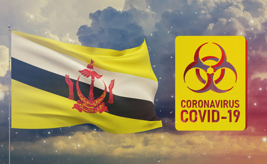 COVID-19 Visual concept - Coronavirus COVID-19 biohazard sign with flag of Brunei. Pandemic 3D illustration.