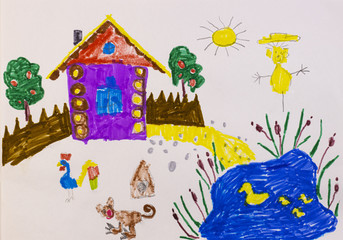 children's colorful drawing of a cozy house with animals and a blue lake with ducks