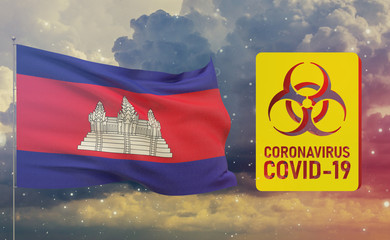 COVID-19 Visual concept - Coronavirus COVID-19 biohazard sign with flag of Cambodia. Pandemic 3D illustration.