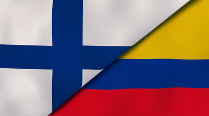 The flags of Finland and Colombia. News, reportage, business background. 3d illustration