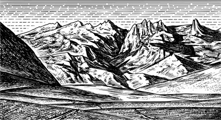 Mountain landscape background. Alpine peaks. Vintage Mount. Travel concept. Hand drawn engraved sketch for outdoor posters, climbing banners, logo or badge. 