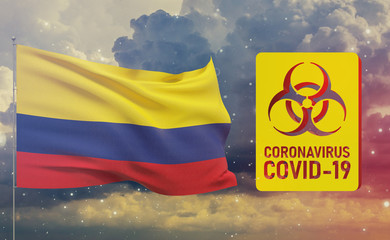 COVID-19 Visual concept - Coronavirus COVID-19 biohazard sign with flag of Colombia. Pandemic 3D illustration.