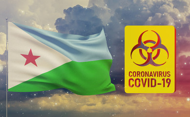 COVID-19 Visual concept - Coronavirus COVID-19 biohazard sign with flag of of Djibouti. Pandemic 3D illustration.