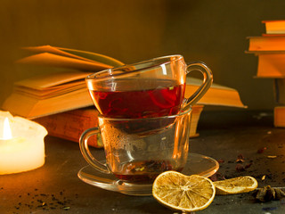 cozy home evening, weekend concept, relaxation and relaxation, tea by candlelight
