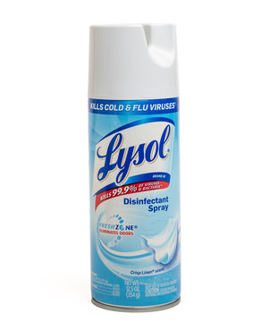 Millburn, New Jersey, USA - April 9, 2020: A Can Of Lysol Disinfectant Spray On A White Background.